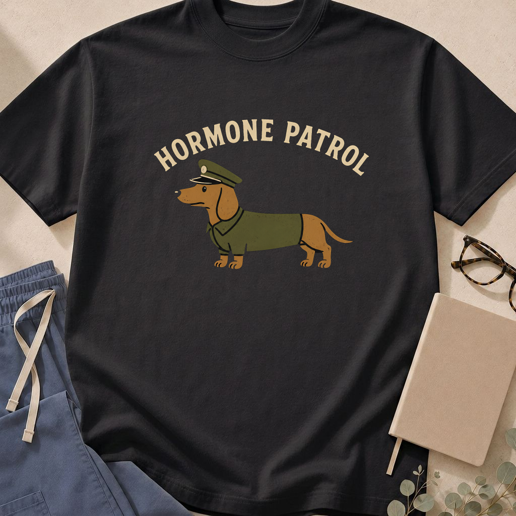 Garment-dyed unisex t-shirt printed with 'Hormone Patrol' — endocrinology humor tee for endocrinologists.
