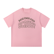 Mockup of blue cotton T-shirt with gothic lettering reading "Dost thou even scrub?".