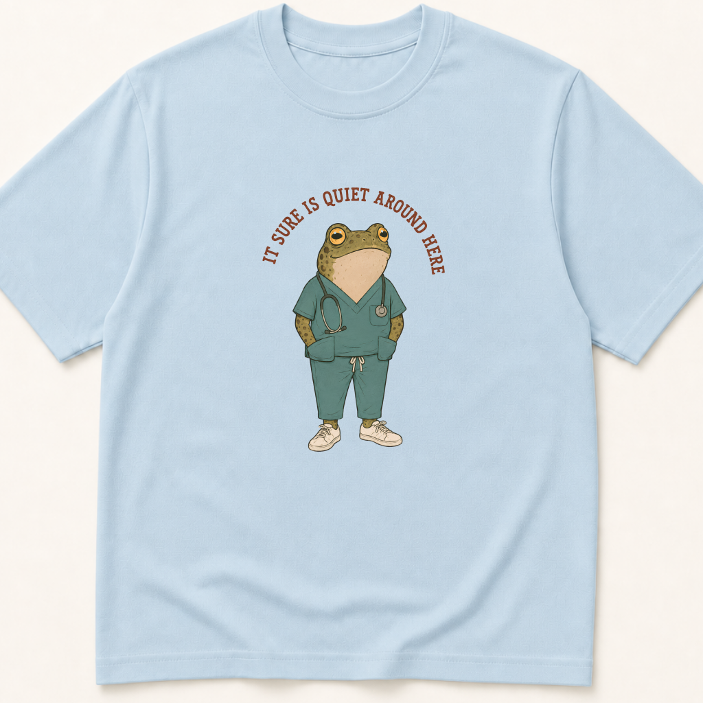 Alternate view of the illustrated It Sure Is Quiet Around Here Frog garment-dyed t-shirt.