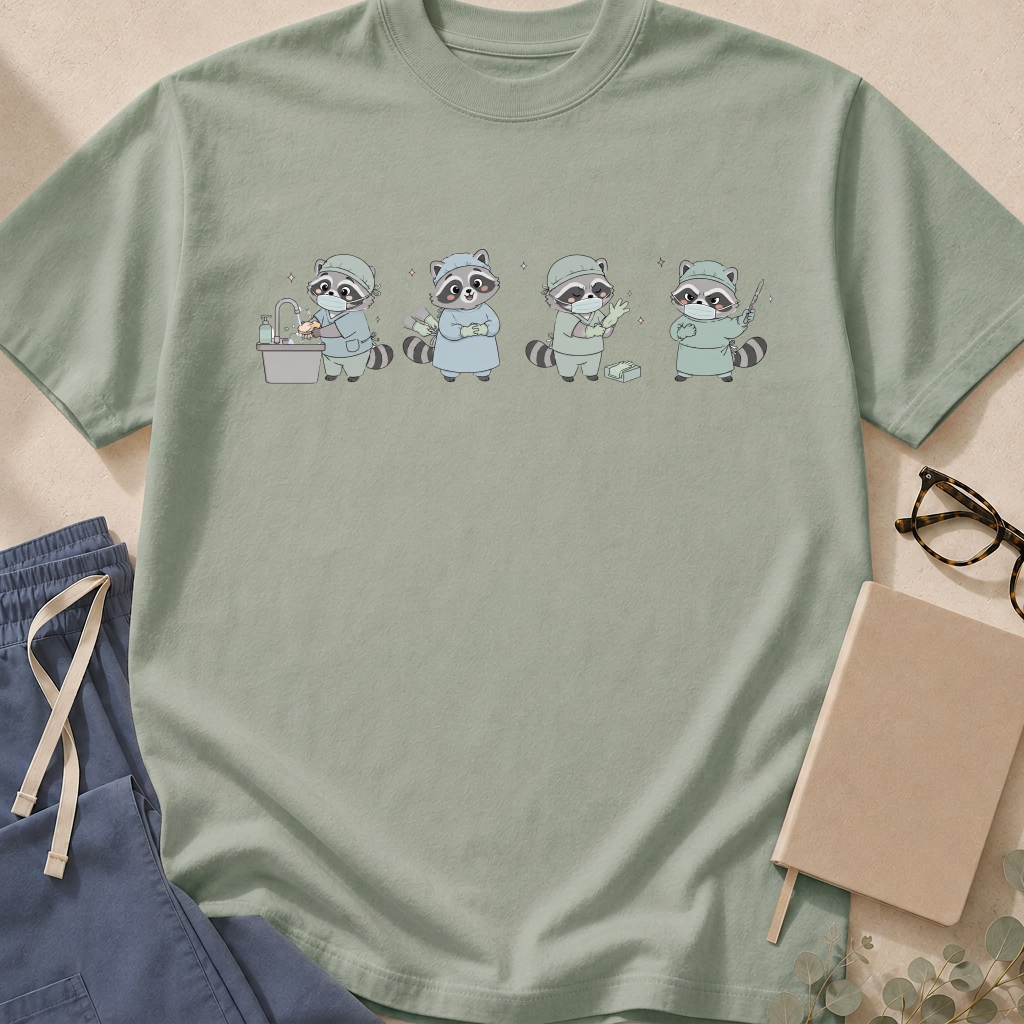 Alternate view of the Scrubbing In Raccoon garment-dyed operating room t-shirt.