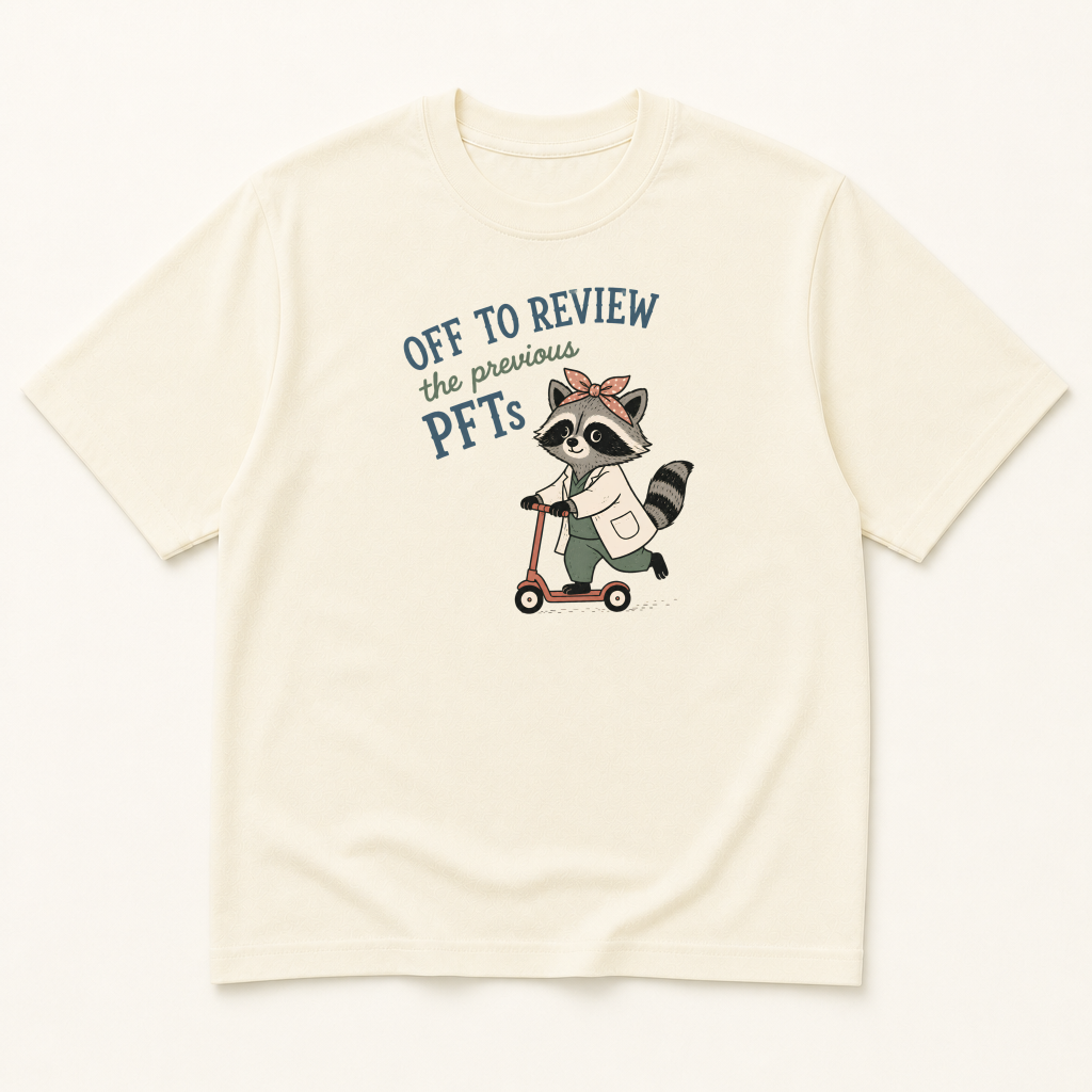 Garment-dyed unisex t-shirt printed with 'Off to Review the Previous PFTs' — Internal Medicine humor tee for Nursing, Pulmonology, and Respiratory Therapy professionals.