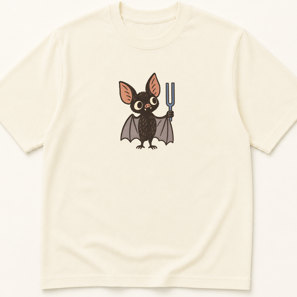Garment-dyed unisex t-shirt featuring an illustrated Bat with Tuning Fork design — Neurology humor tee for Otolaryngology professionals.