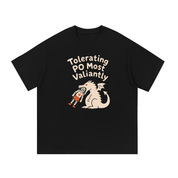 Mockup of a black cotton T-shirt with a knight in a dragon's mouth beneath the text 'Tolerating PO Most Valiantly.'