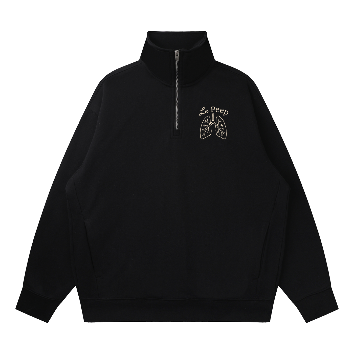 Black quarter-zip sweatshirt with 'Le Peep' lungs design