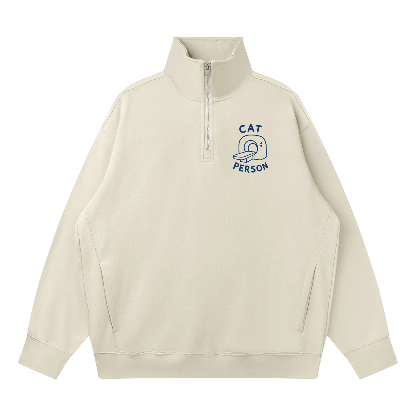 Light gray quarter-zip sweatshirt with 'Cat Person' CT scanner design