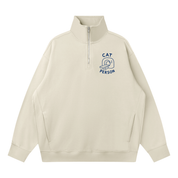 Light gray quarter-zip sweatshirt with 'Cat Person' CT scanner design