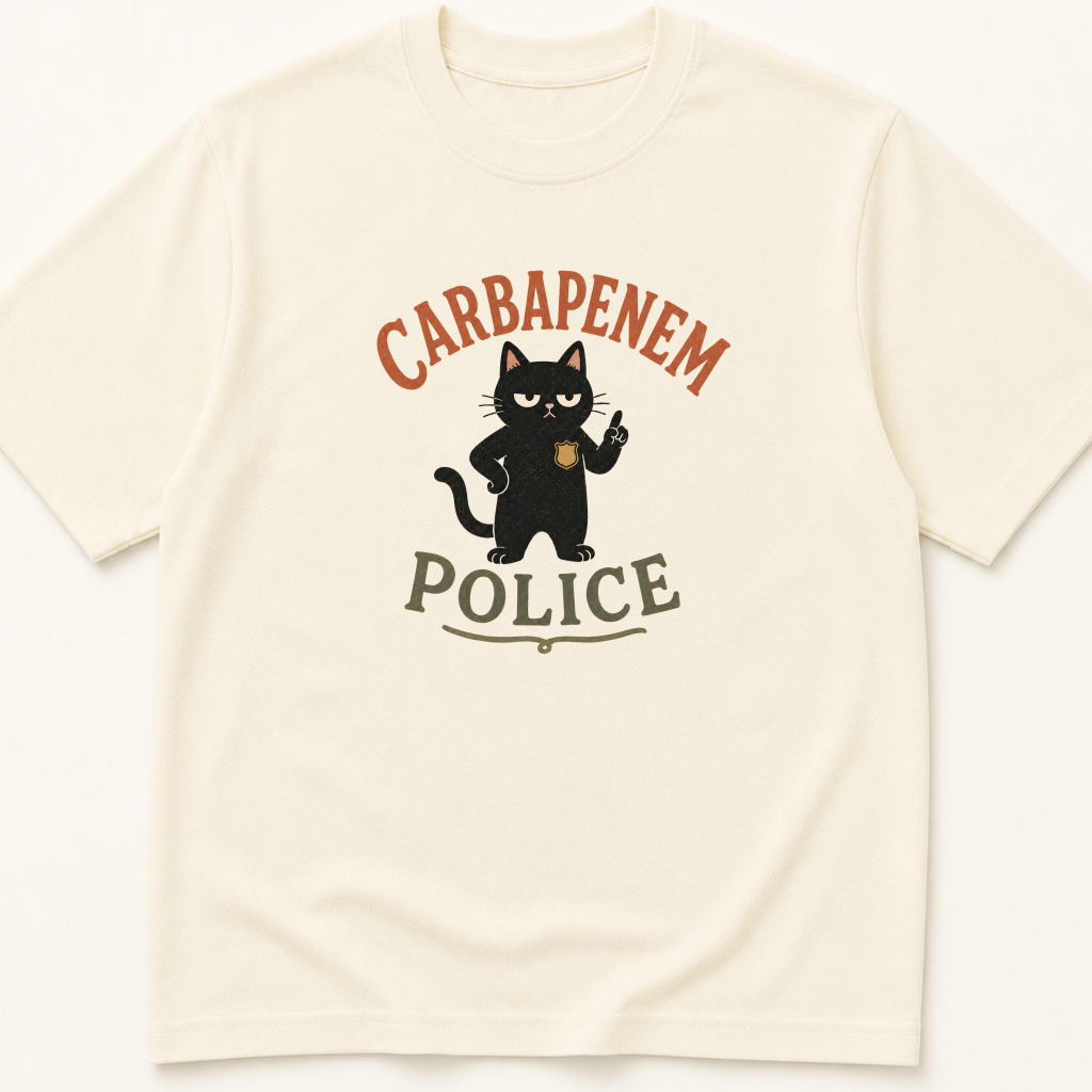 Garment-dyed unisex t-shirt printed with 'Carbapenem Police' — Infectious Disease humor tee for Internal Medicine and Pharmacy professionals.