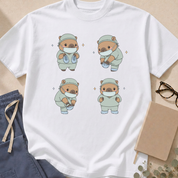 Additional colorway of the Capybara Putting on Shoe Covers garment-dyed OR t-shirt.