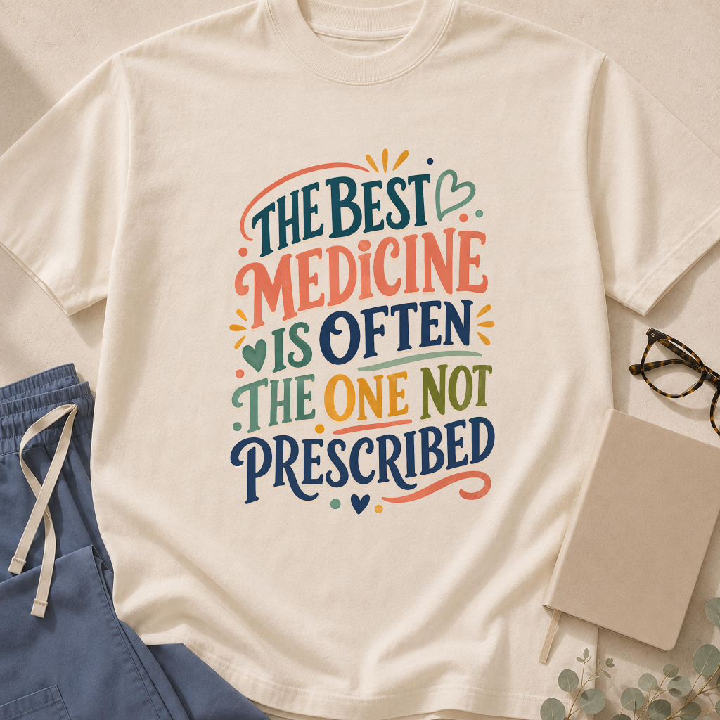 Garment-dyed unisex t-shirt printed with 'The Best Medicine is Often the One Not Prescribed' — primary care humor tee.