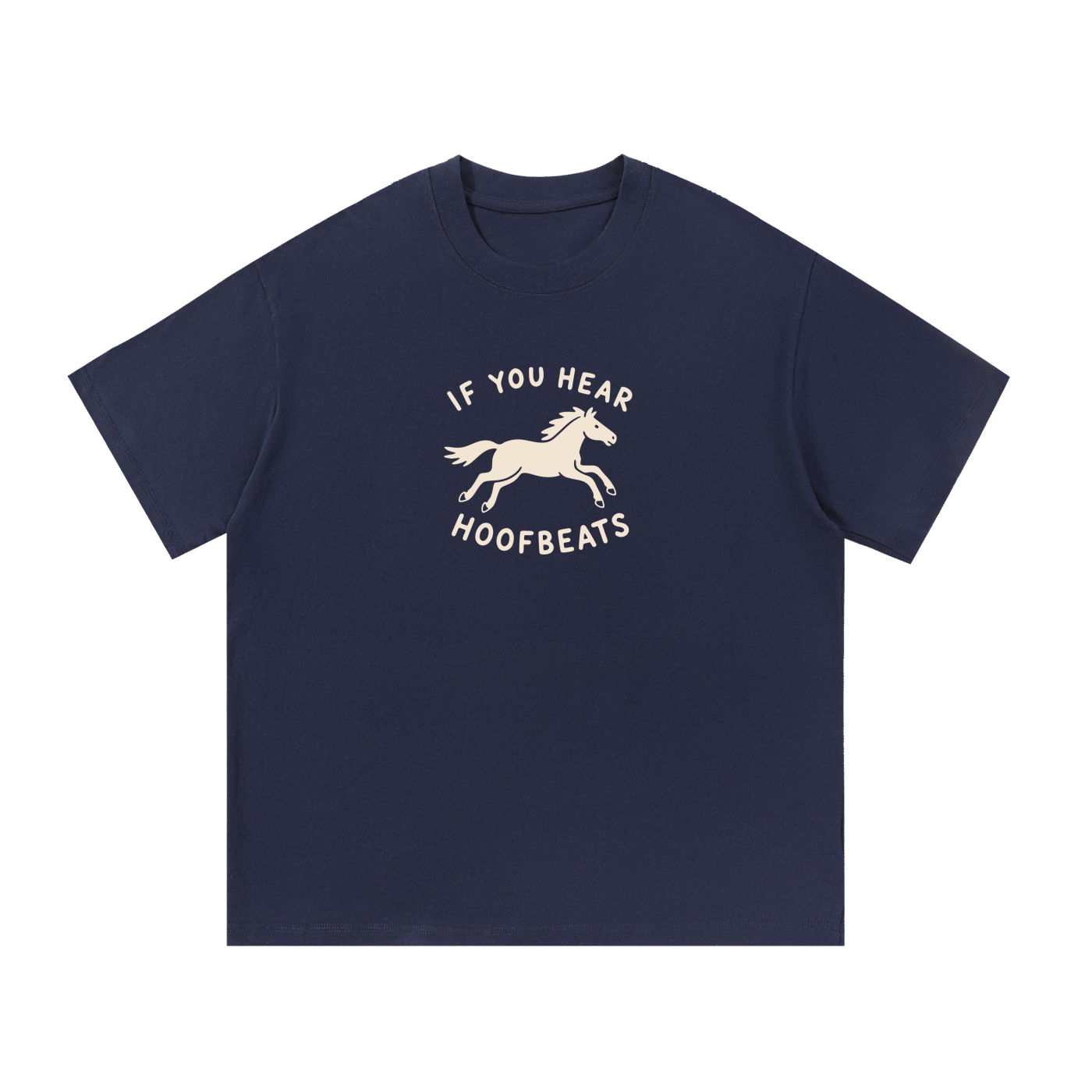 Mockup of coffee cotton T-shirt with a galloping horse with the words "If you hear hoofbeats".