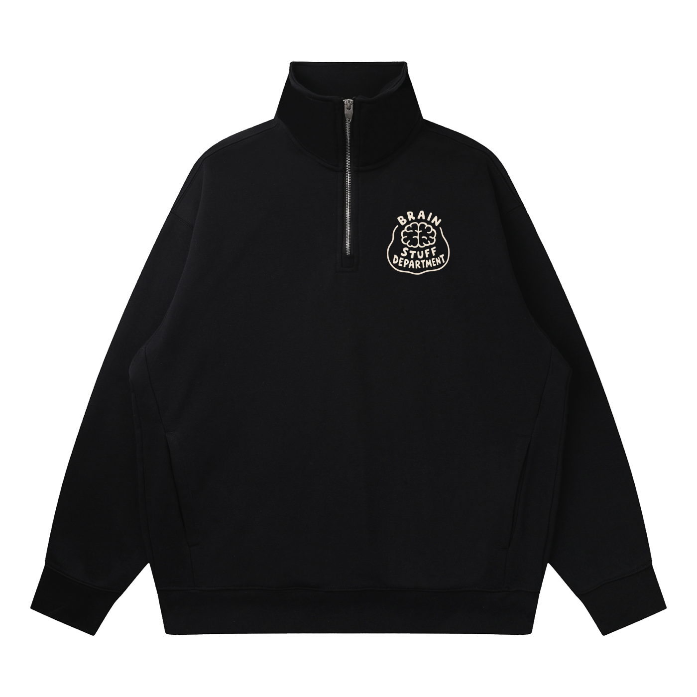 Black quarter-zip sweatshirt with 'Brain Stuff Department' badge design
