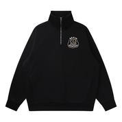 Black quarter-zip sweatshirt with 'Brain Stuff Department' badge design