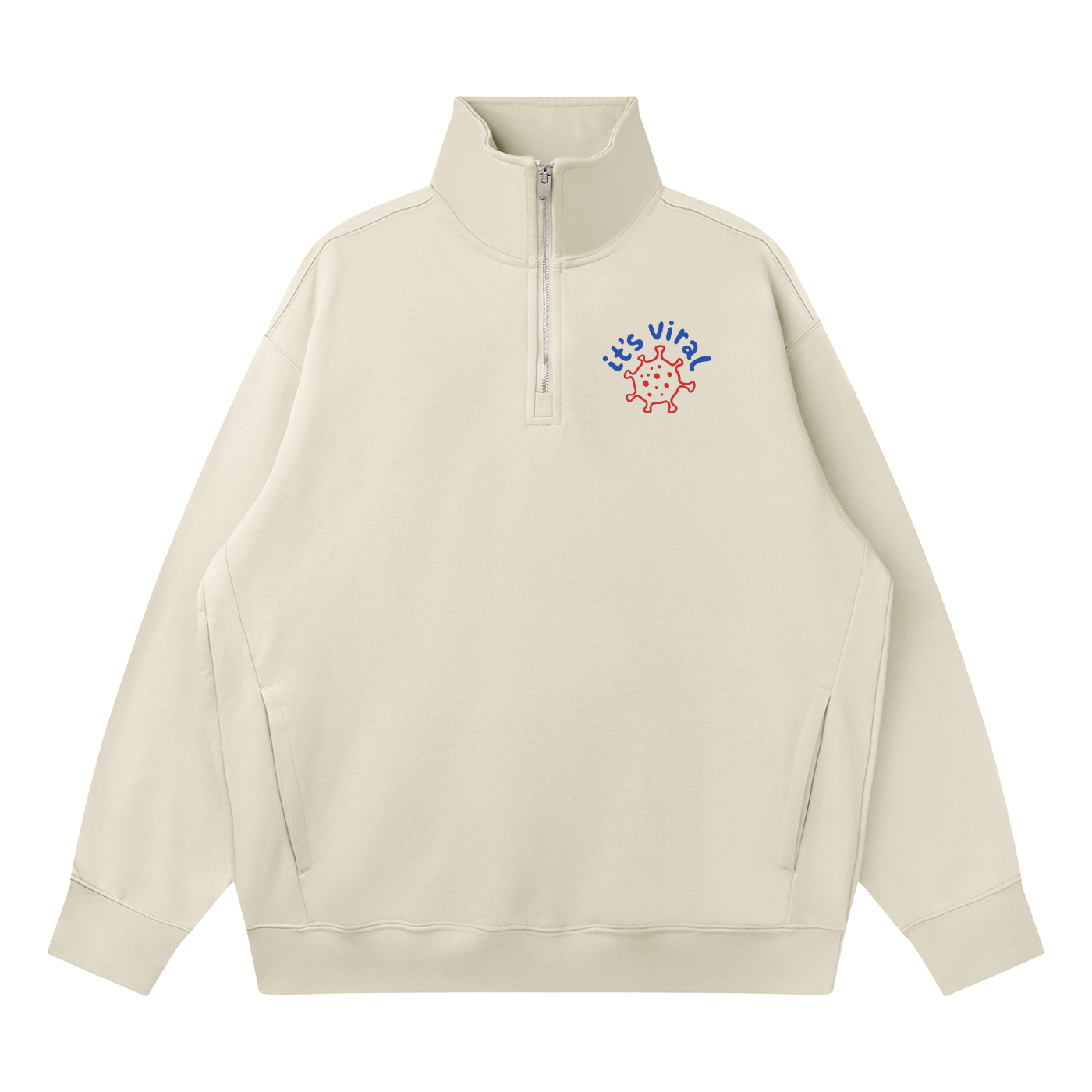 Light gray quarter-zip sweatshirt with 'It's Viral' virus design