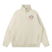 Light gray quarter-zip sweatshirt with 'It's Viral' virus design