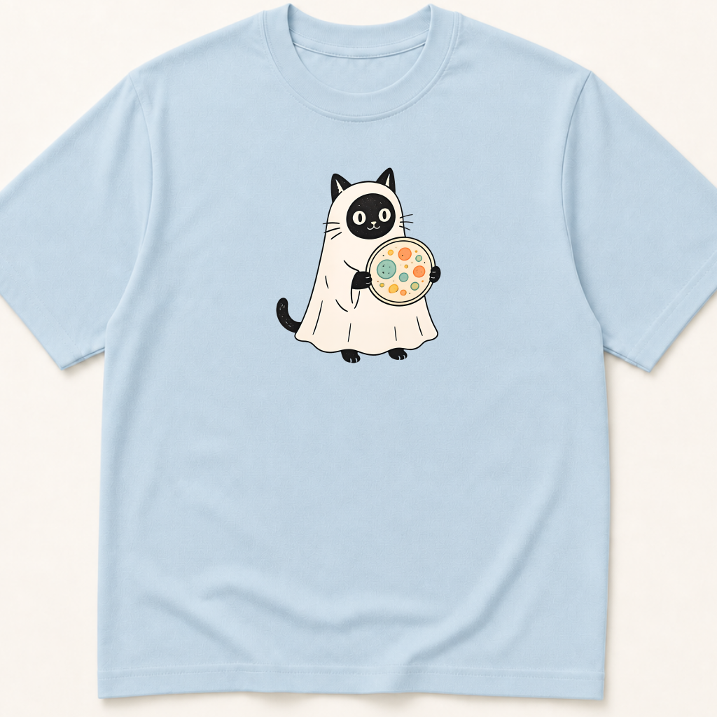Alternate view of the illustrated Cat in Ghost Costume Holding a Petri Dish garment-dyed t-shirt.