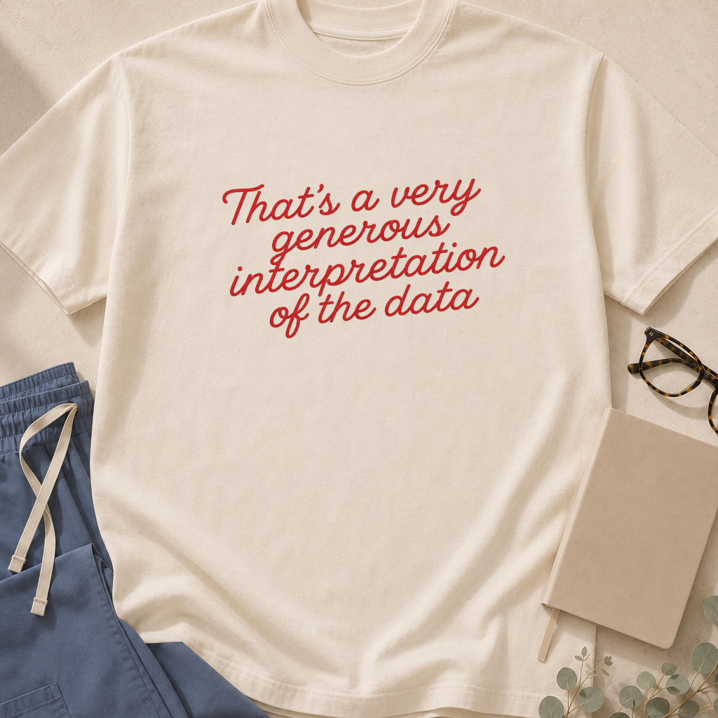 Garment-dyed unisex t-shirt printed with "That's a Very Generous Interpretation of the Data" — evidence-based medicine humor tee for biostatisticians and researchers.