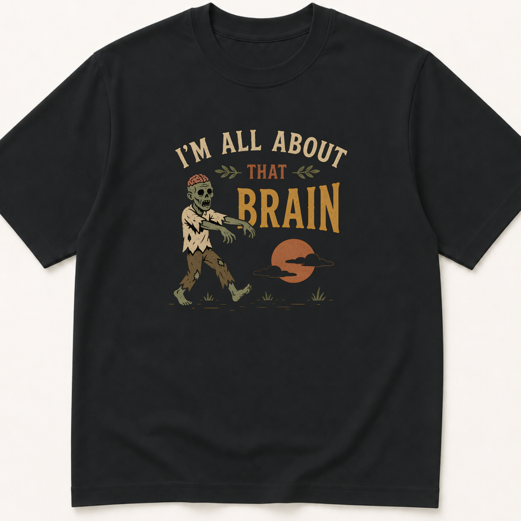 Garment-dyed unisex t-shirt printed with 'I'm All About That Brain: Halloween Zombie' — Critical Care humor tee for Neurology, Neurosurgery, and Nursing professionals.