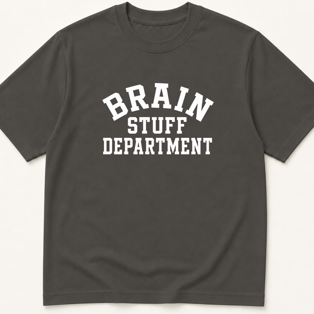 Alternate view of the 'Brain Stuff Department' garment-dyed t-shirt.