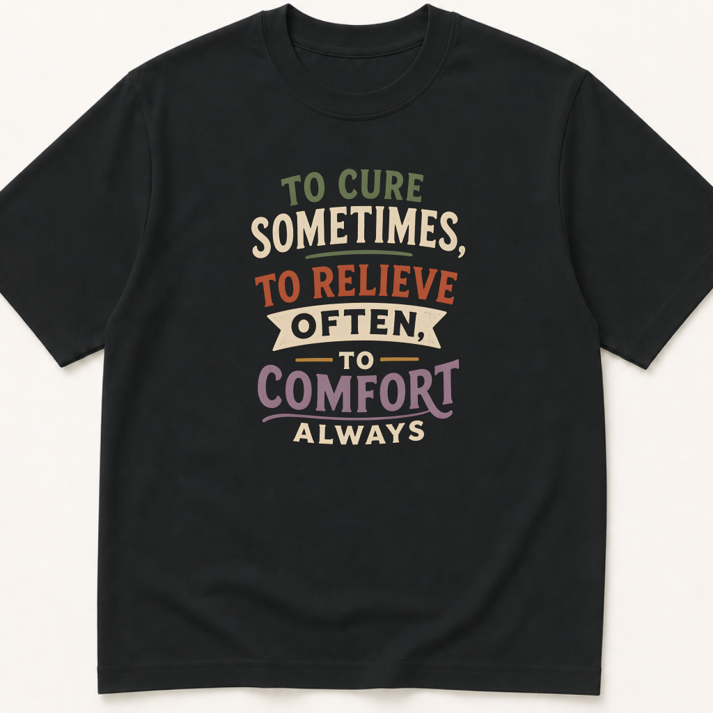 Garment-dyed unisex t-shirt printed with 'To Cure Sometimes' — Family Medicine humor tee for General Medicine, Hospital Medicine, and Internal Medicine professionals.
