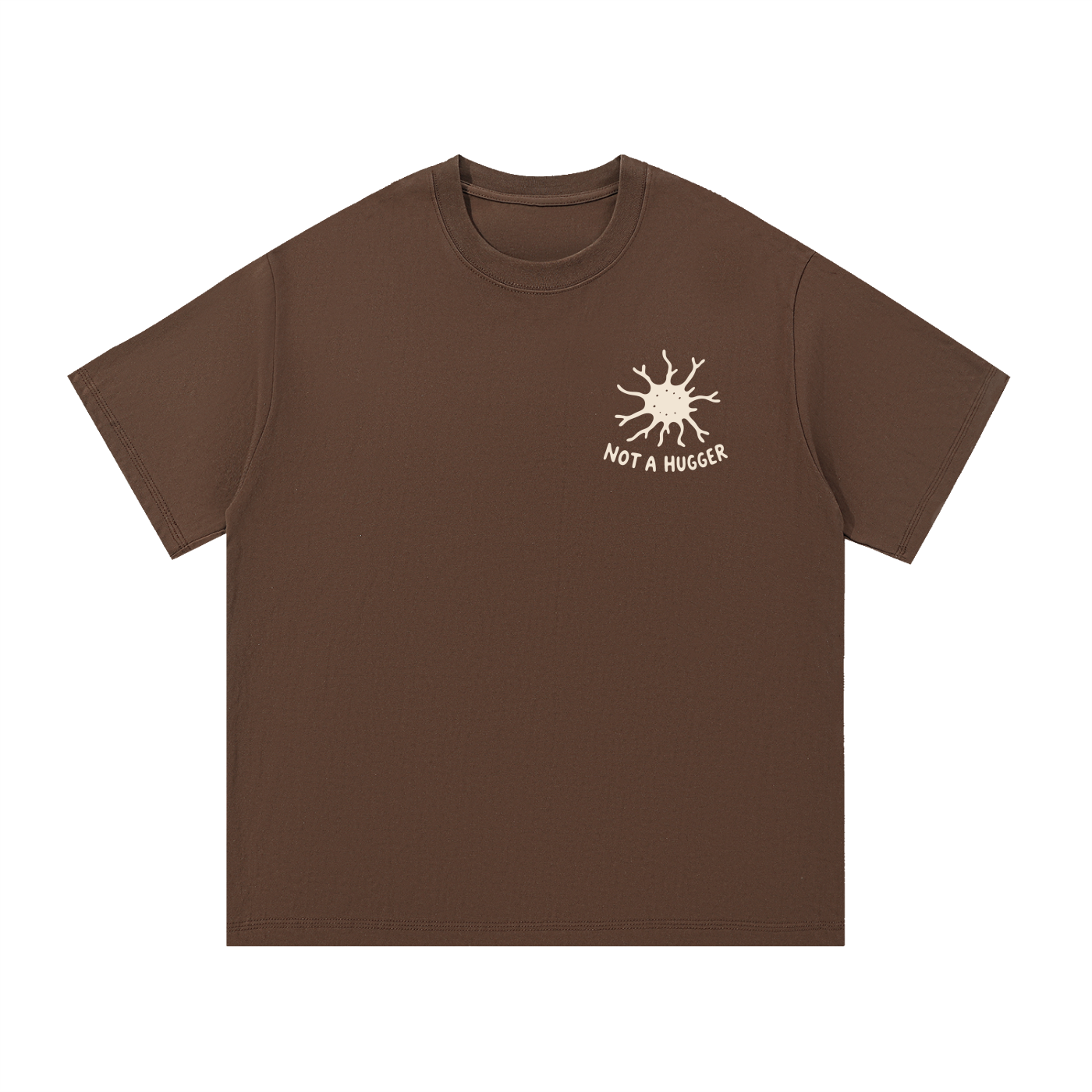 Mockup of navy blue cotton T-shirt with a spiky dendritic cell and the words "Not a hugger."