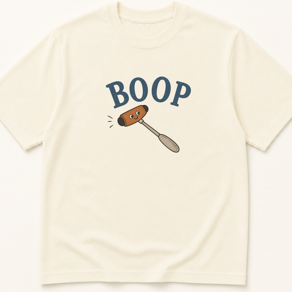 Garment-dyed unisex t-shirt printed with 'BOOP Reflex Hammer' — Family Medicine humor tee for Internal Medicine, Neurology, and PM&R professionals.