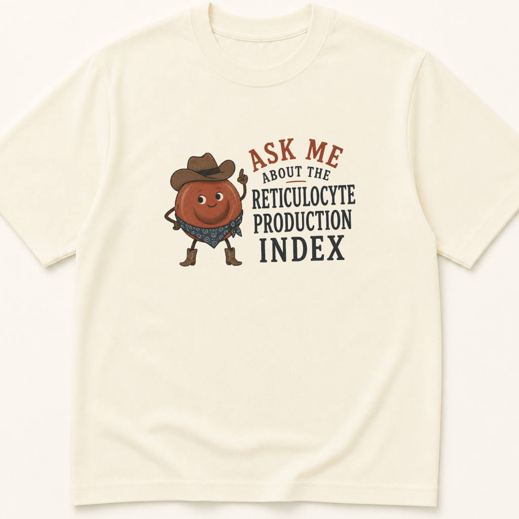 Garment-dyed unisex t-shirt printed with 'Reticulocyte Production Index' — Hematology humor tee for Internal Medicine, Laboratory Medicine, and Oncology professionals.