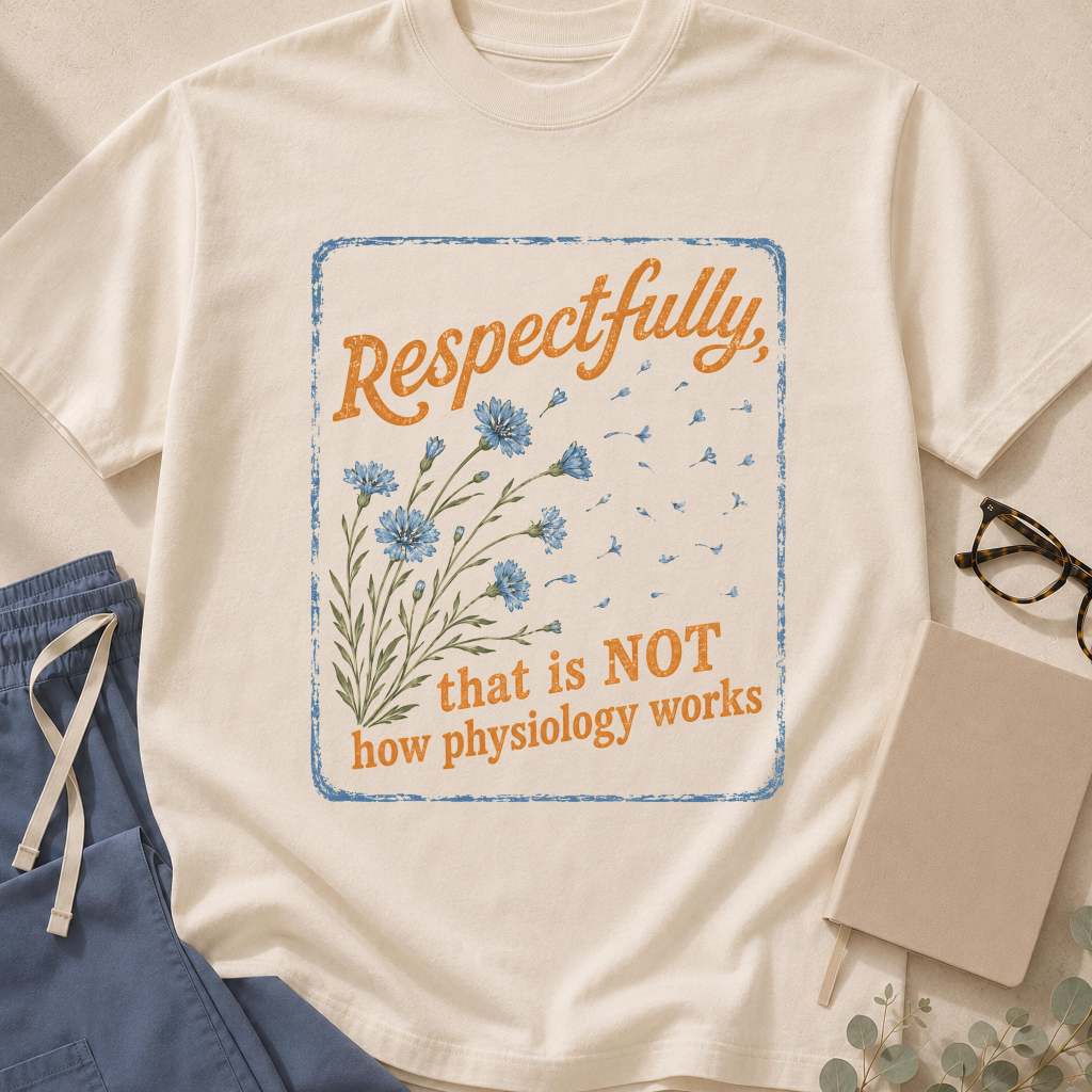 Garment-dyed unisex t-shirt printed with "That Is Not How Physiology Works" — medical humor tee for physicians and medical students