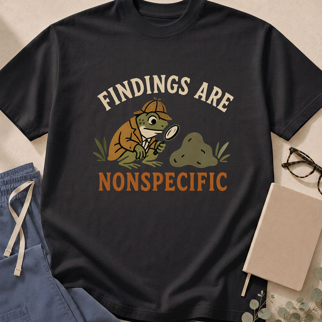 Garment-dyed unisex t-shirt printed with 'Findings Are Nonspecific' — radiology humor tee for radiologists and pathologists.