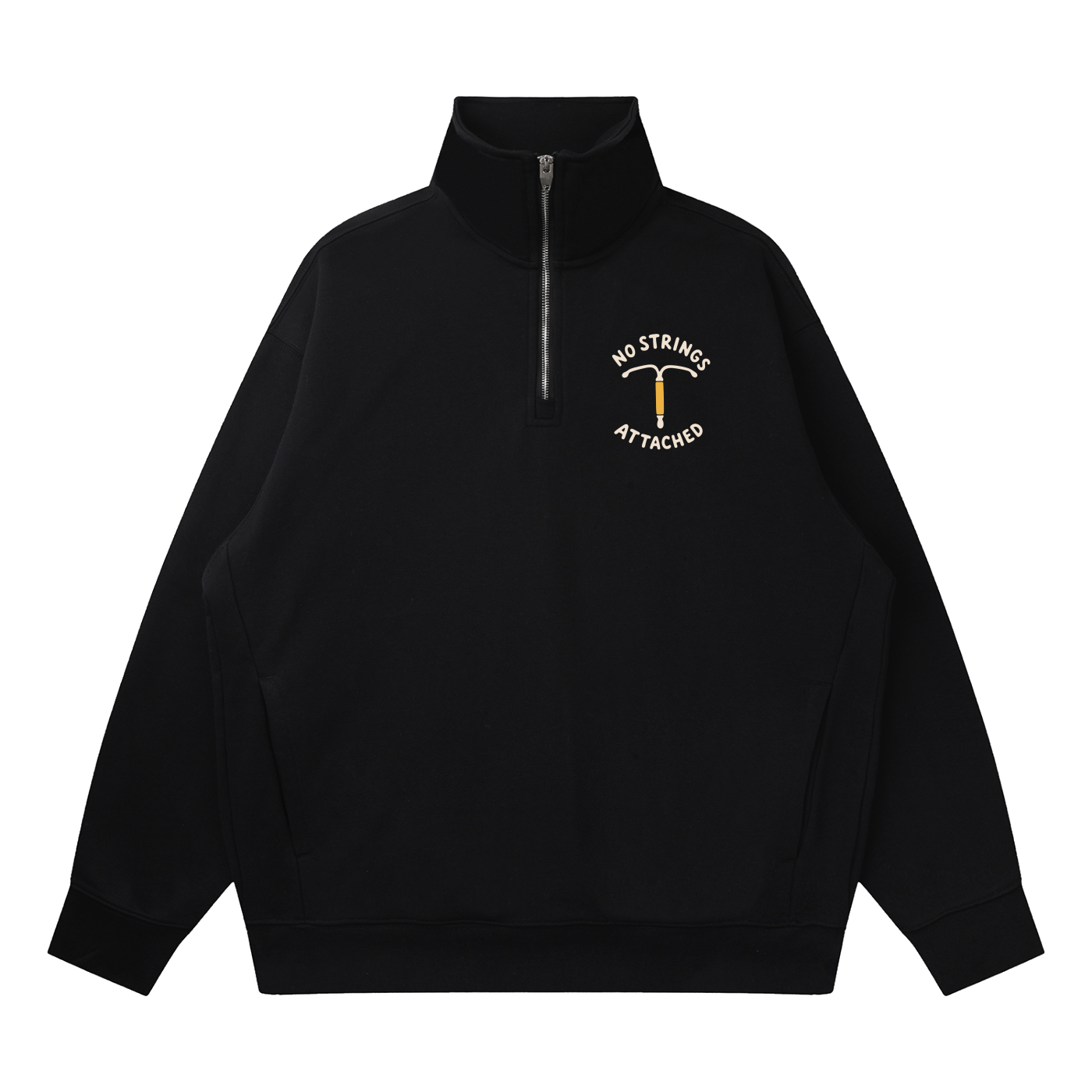 Black quarter-zip sweatshirt with 'No Strings Attached' design