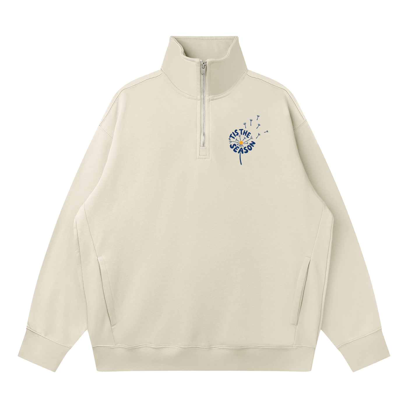 Light gray quarter-zip sweatshirt with ''Tis the Season' dandelion design
