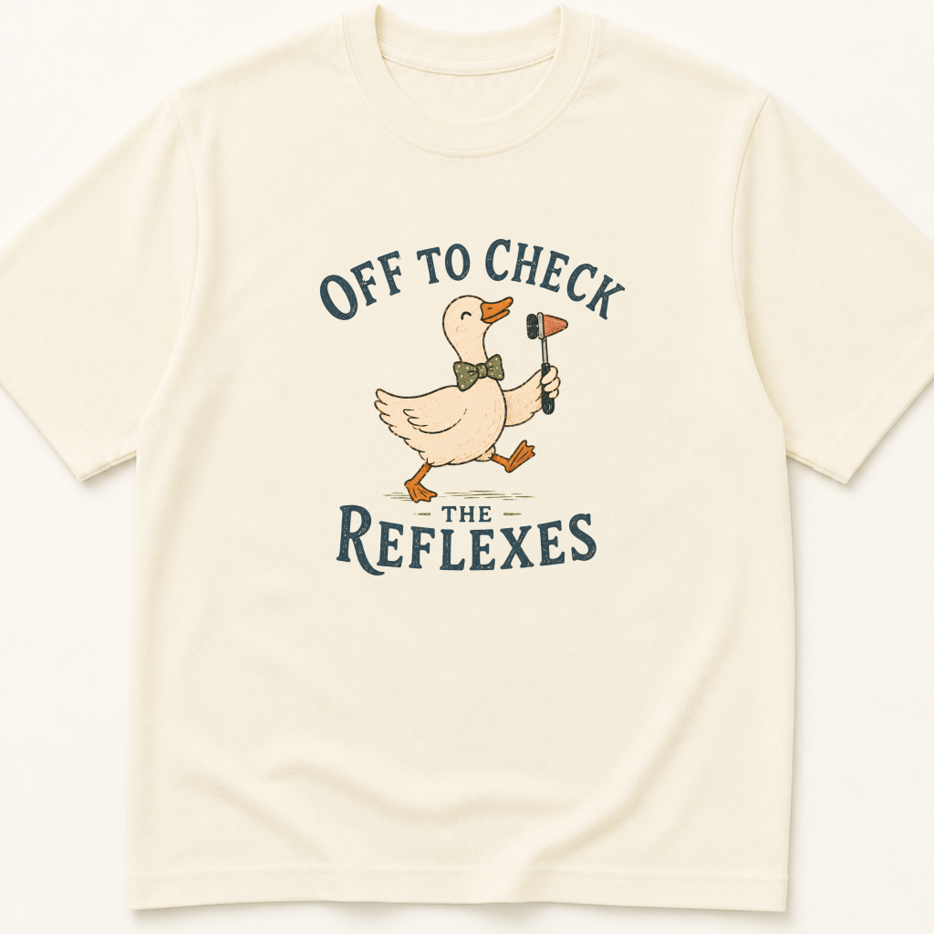 Garment-dyed unisex t-shirt printed with 'Off to Check the Reflexes' — Family Medicine humor tee for Neurology, Pediatrics, and PM&R professionals.