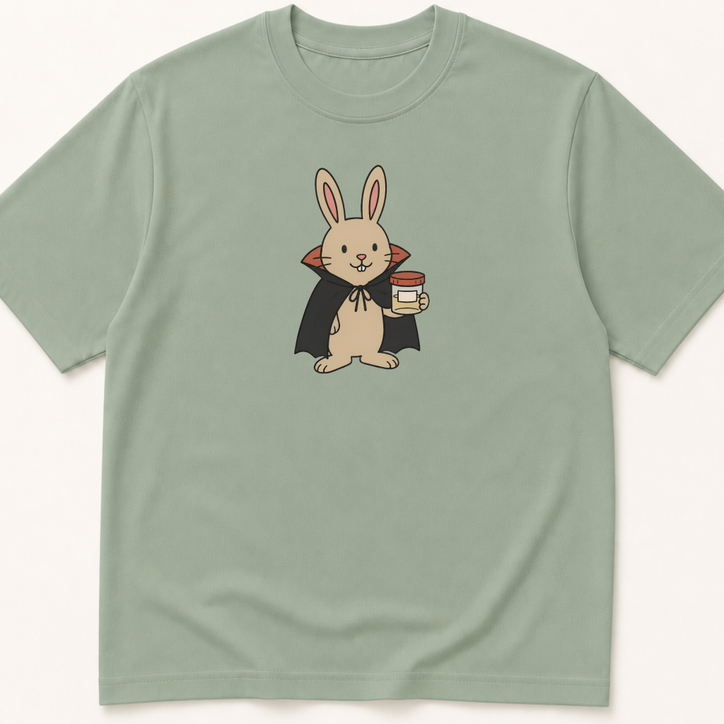 Alternate view of the illustrated Rabbit in Vampire Costume with Specimen Cup garment-dyed t-shirt.