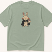 Alternate view of the illustrated Rabbit in Vampire Costume with Specimen Cup garment-dyed t-shirt.