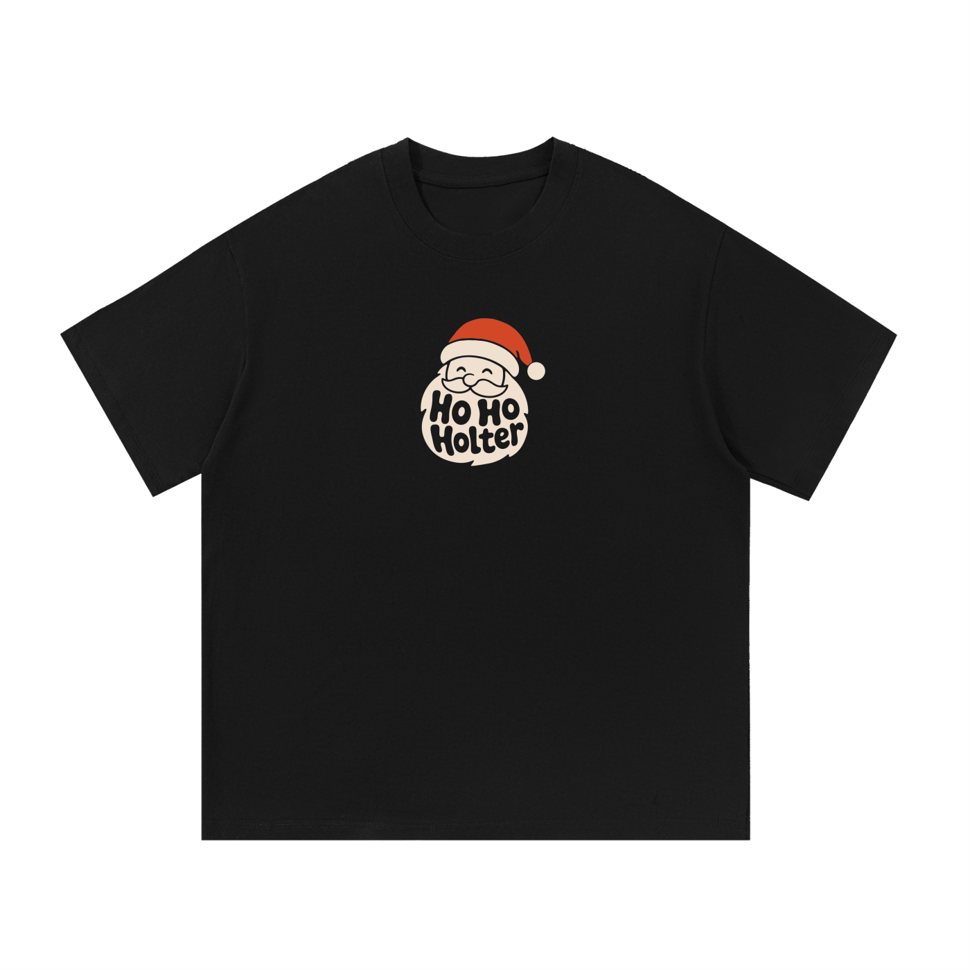 Mockup of a black cotton T-shirt with a Santa face and the text 'Ho Ho Holter'