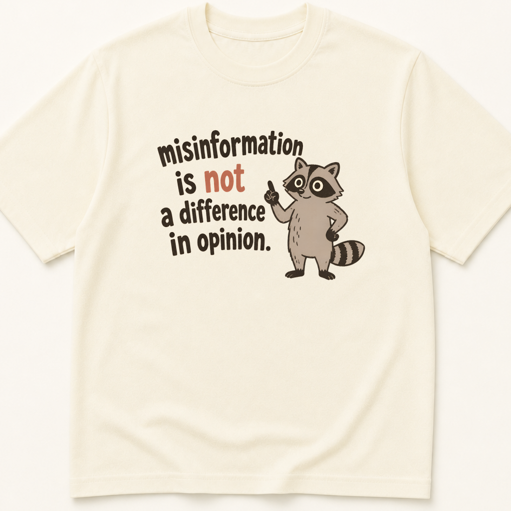 Garment-dyed unisex t-shirt printed with 'Misinformation is Not a Difference in Opinion' — Evidence-Based Medicine humor tee for Family Medicine, Pediatrics, and Primary Care professionals.