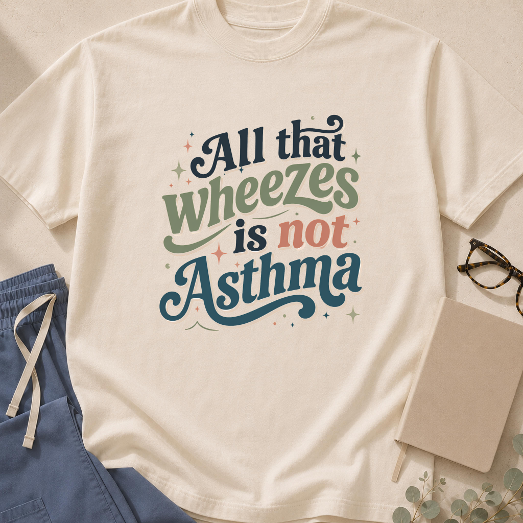 Garment-dyed unisex t-shirt printed with 'All That Wheezes Is Not Asthma' — pulmonology differential-diagnosis humor tee for pulmonologists and respiratory therapists.