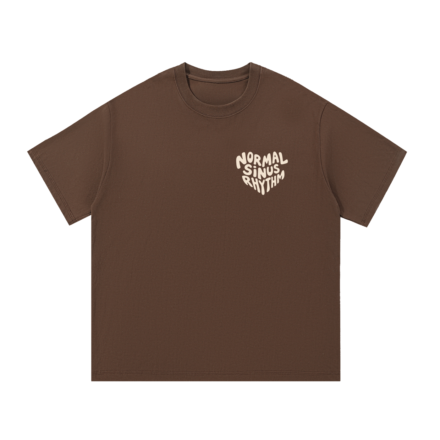 Mockup of navy blue cotton T-shirt with a heart-shaped badge reading "Normal sinus rhythm".