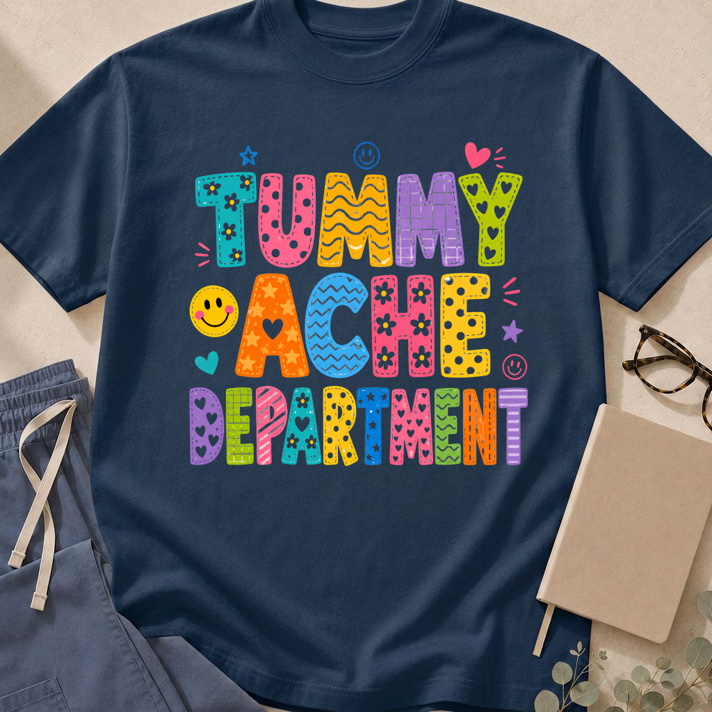 Alternate Navy colorway of the "Tummy Ache Department" garment-dyed pediatrics t-shirt