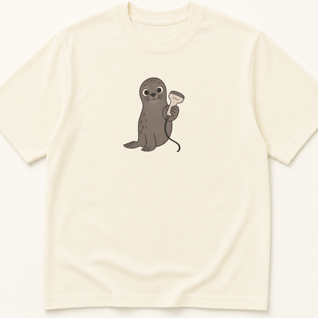Garment-dyed unisex t-shirt featuring an illustrated Seal with Ultrasound Probe design — Cardiology humor tee for Critical Care, Echocardiography, and Radiology professionals.