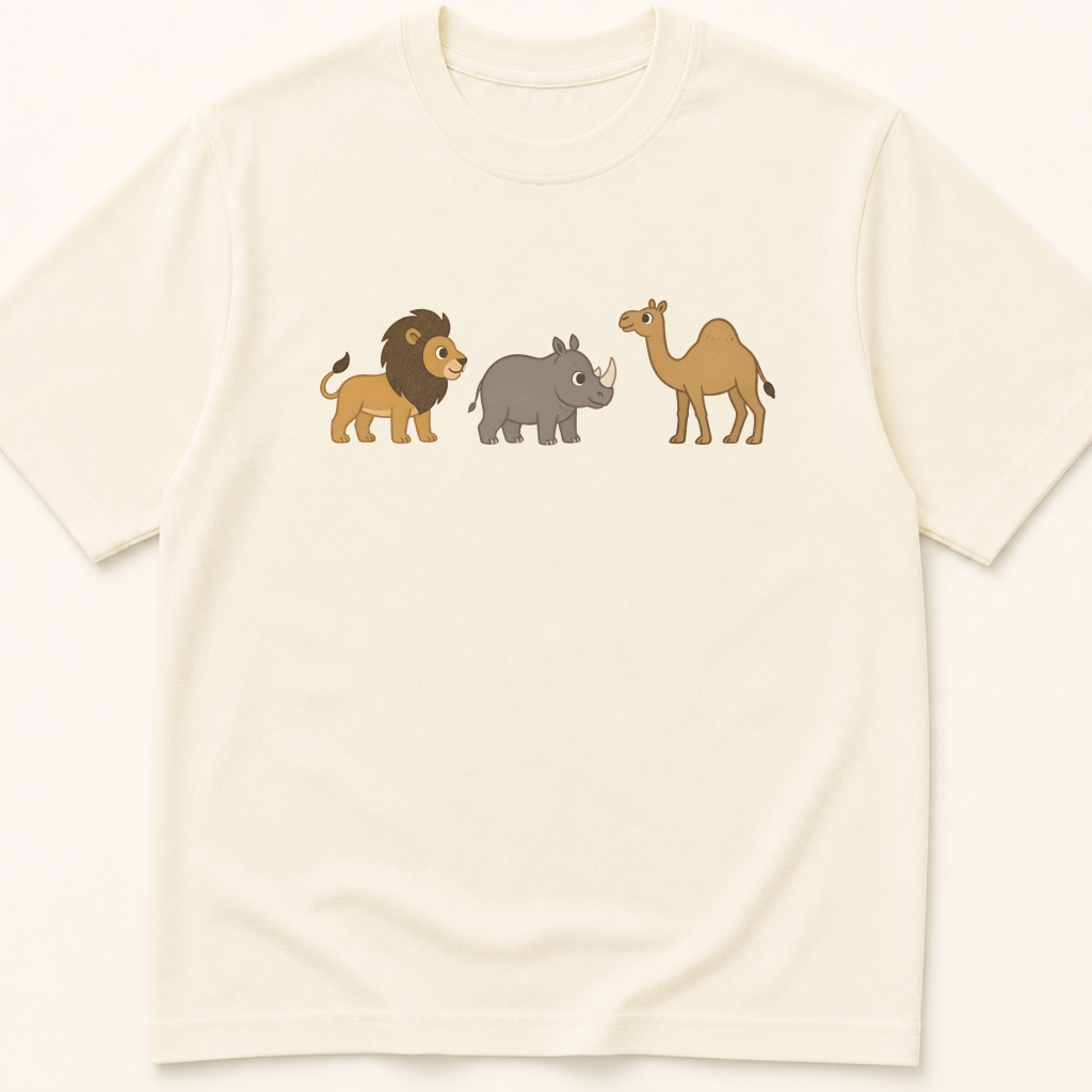 Alternate view of the illustrated lion, rhinoceros, and camel MoCA naming-task garment-dyed t-shirt.
