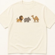 Alternate view of the illustrated lion, rhinoceros, and camel MoCA naming-task garment-dyed t-shirt.