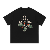 Mockup of a black cotton T-shirt with holly leaves, a molecule and the text 'Fa La La La Lactate.'