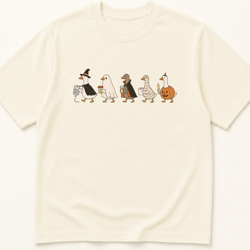 Garment-dyed unisex t-shirt featuring an illustrated Geese in Halloween Costumes Holding Medical Items design — General Medicine humor tee for Nursing professionals.