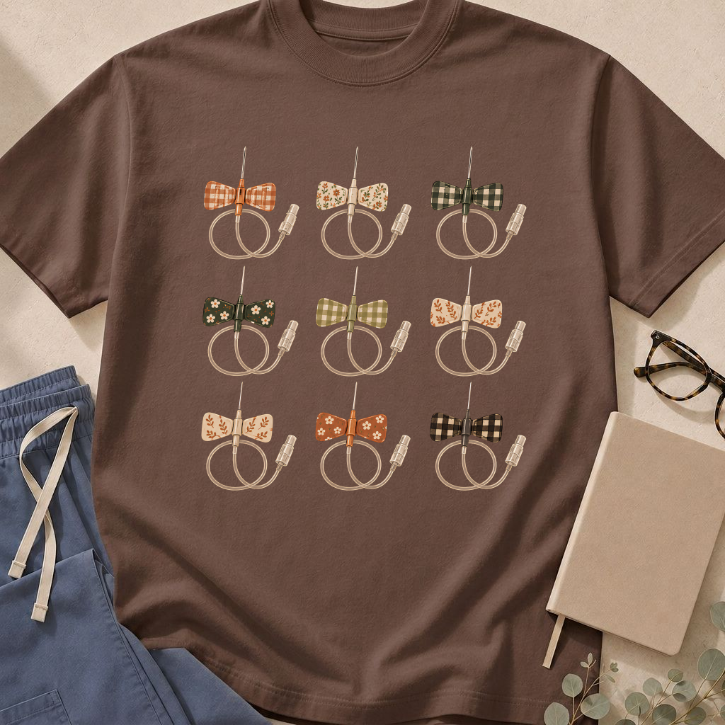 Garment-dyed unisex t-shirt featuring an illustrated butterfly needle and vacutainer tube with autumn leaves — seasonal phlebotomy humor tee for phlebotomists and lab techs.
