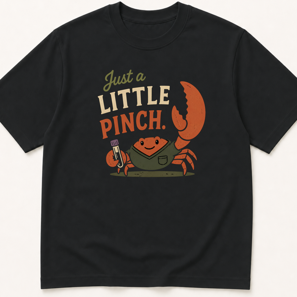 Garment-dyed unisex t-shirt printed with 'Just a Little Pinch' — Dental humor tee for Nursing and Phlebotomy professionals.