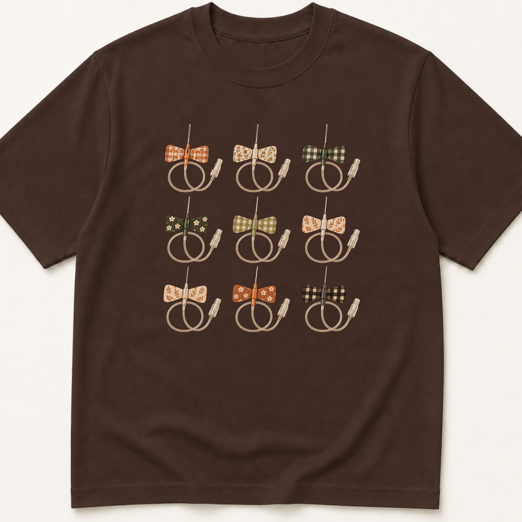 Garment-dyed unisex t-shirt featuring an illustrated Fall-Themed Vacutainer Butterfly Needle design — Laboratory Medicine humor tee for Nursing and Phlebotomy professionals.