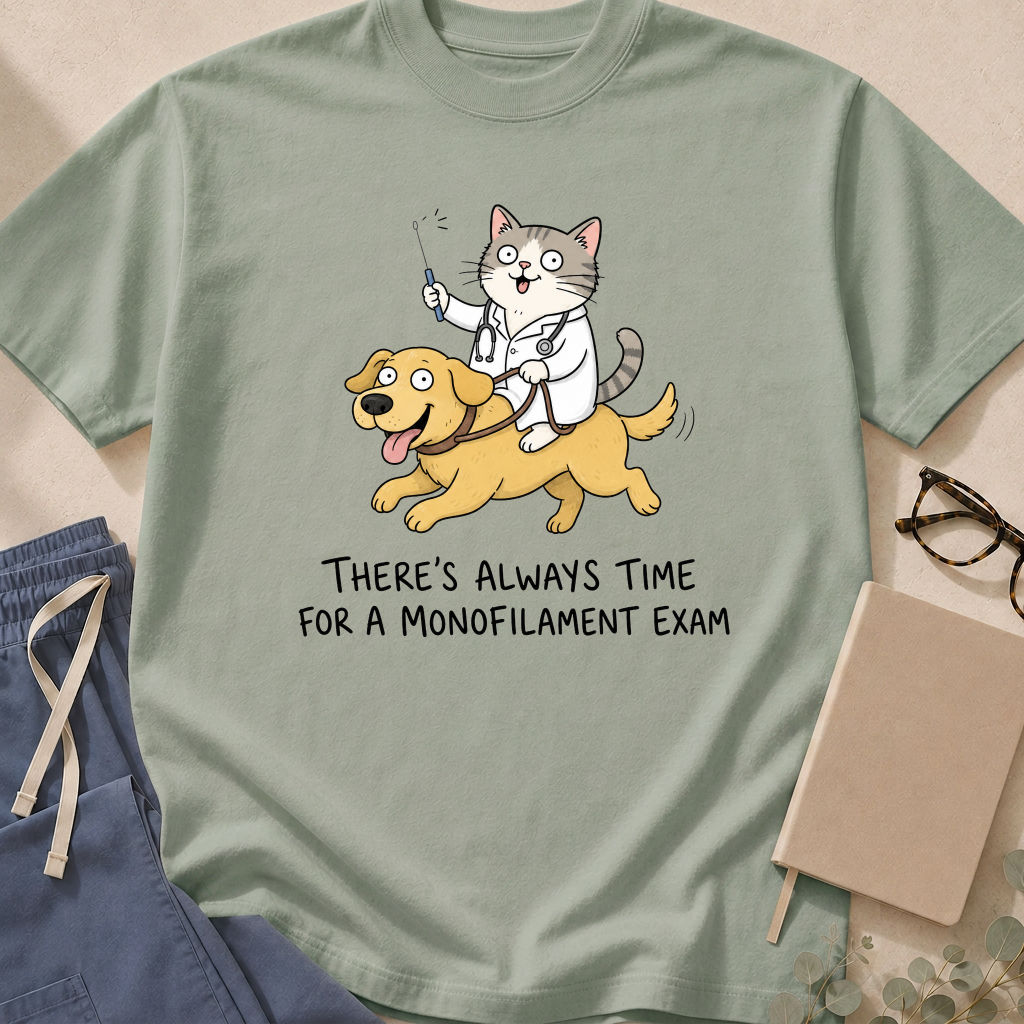 Garment-dyed unisex t-shirt printed with "Always Time for a Monofilament Exam" — diabetic foot exam humor tee