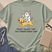 Garment-dyed unisex t-shirt printed with "Always Time for a Monofilament Exam" — diabetic foot exam humor tee