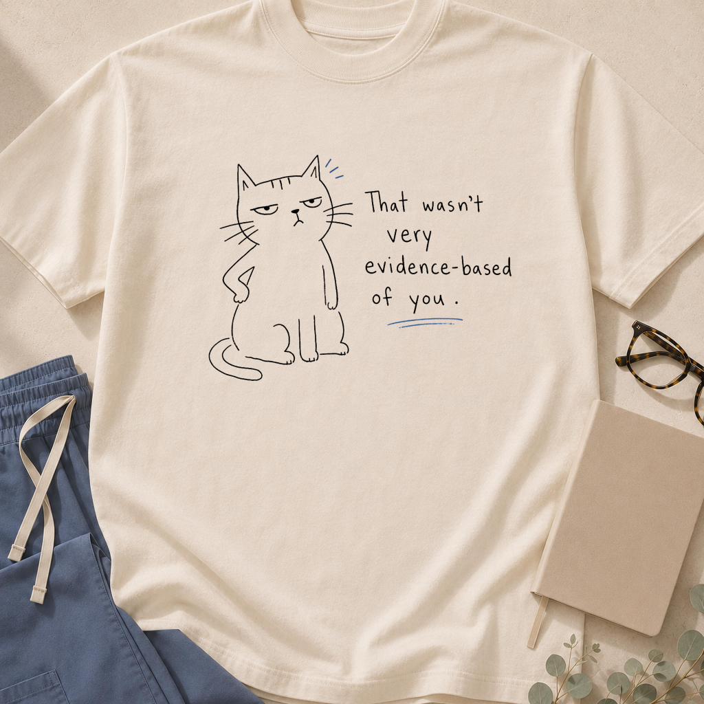 Garment-dyed unisex t-shirt printed with "That Wasn't Very Evidence Based of You" — evidence-based medicine humor tee