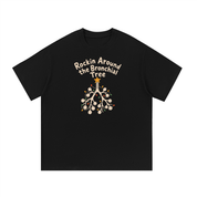 Mockup of a black cotton T-shirt with the text 'Rockin Around the Bronchial Tree' above a decorated bronchial tree